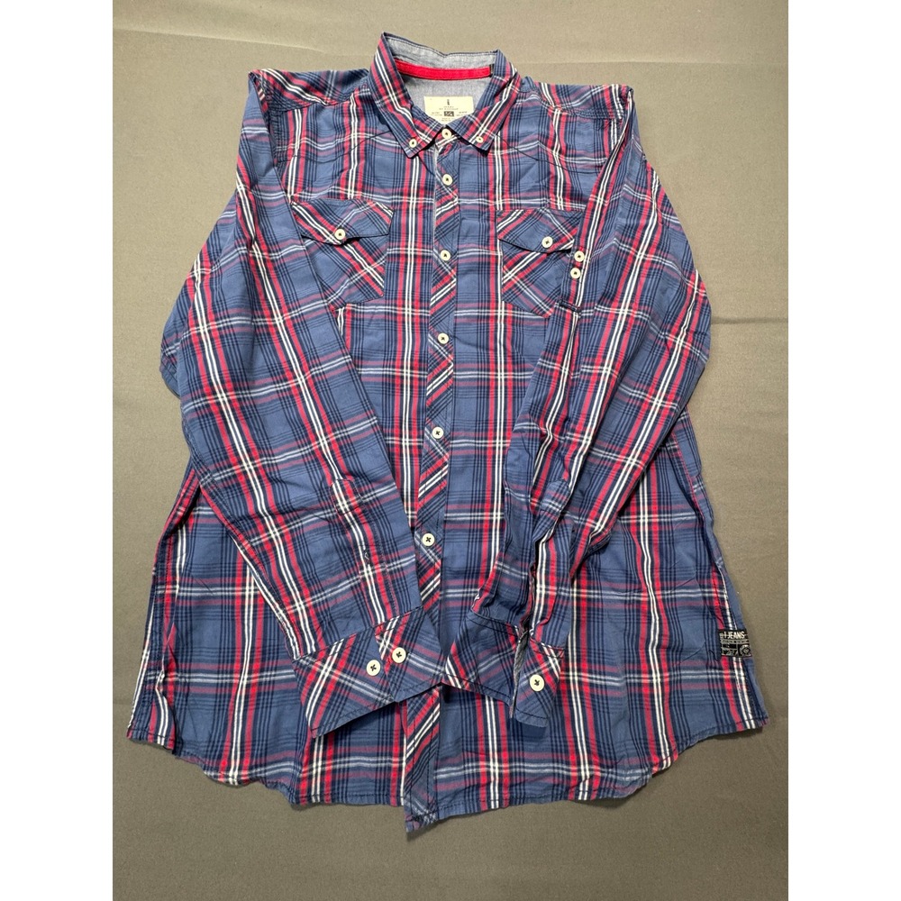 I Jeans by Buffalo Mens L Plaid Long Sleeve Button Down Shirt Blue Red Cotton